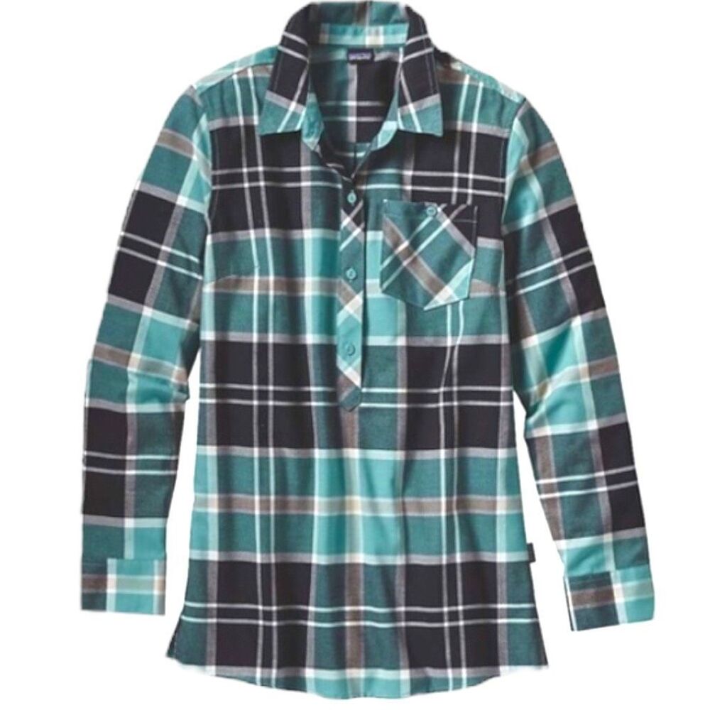 PATAGONIA Women's Featherstone Tunic Top in Teal Blue Plaid Size Small